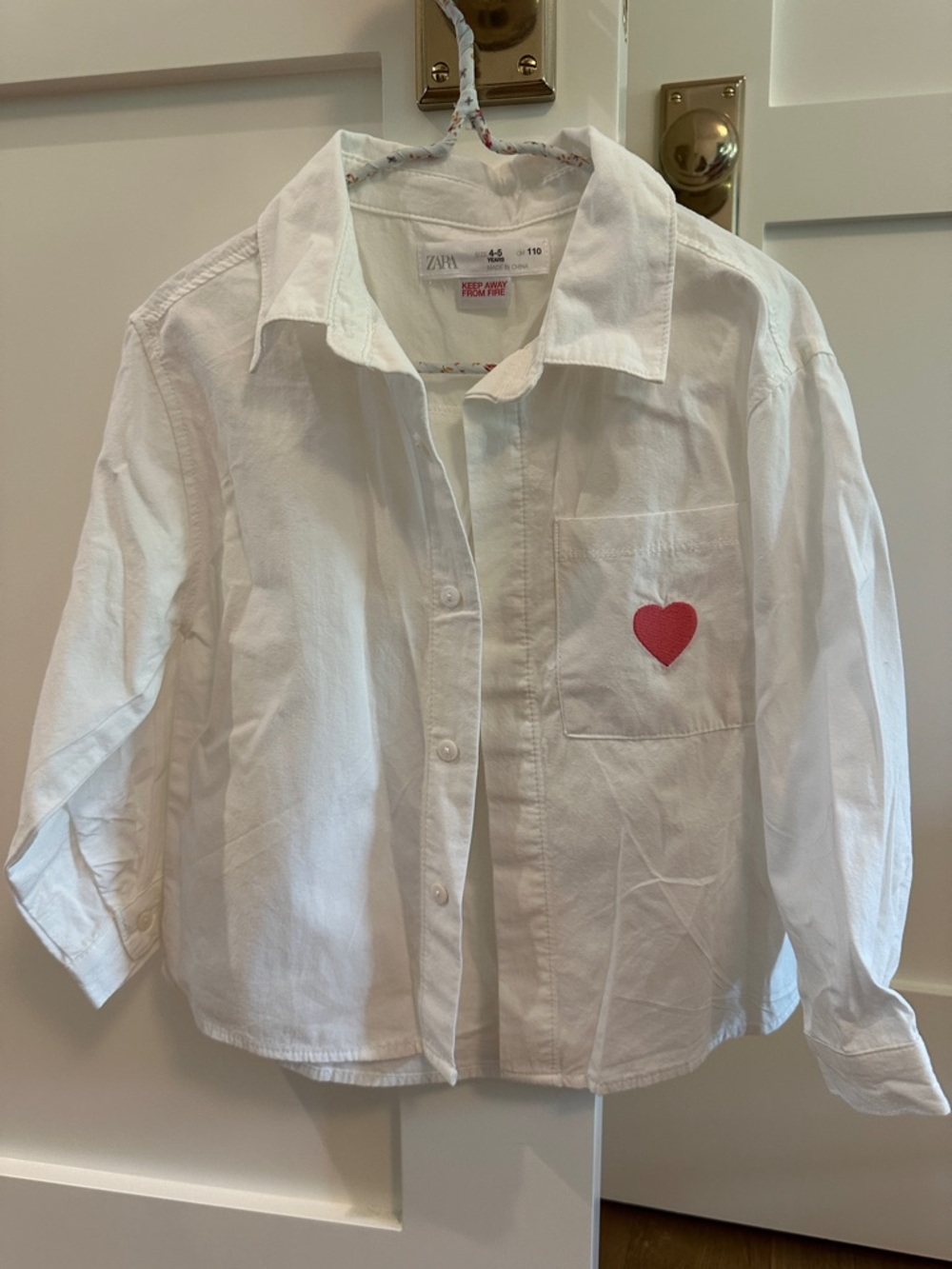 Zara White Button-Down Shirt with Red Heart Patch